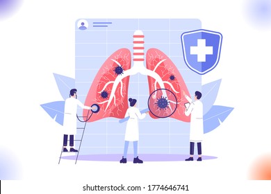 Respiratory System Examination and Treatment. Doctors checking up human lungs. Internal organ inspection check for illness, disease or problems. Pulmonology concept. Isolated vector illustration 