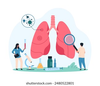 Respiratory system infections, lung disease awareness. Tiny people with magnifying glass examine human lung on infographic anatomy chart, check for bacteria and viruses cartoon vector illustration