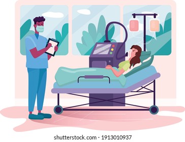 Respiratory system, patient and doctor with clipboard. Flat design illustration. Vector