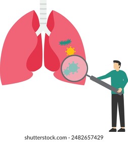 Respiratory system problems concept. The doctor examines the lungs with a magnifying glass. Tuberculosis, pneumonia, Pulmonology, treatment or diagnosis of lung cancer. Organ examination.