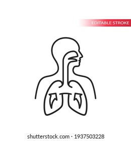 Respiratory System Symbol. Human Body With Lungs, Nose And Mouth Line Icon, Editable Stroke.