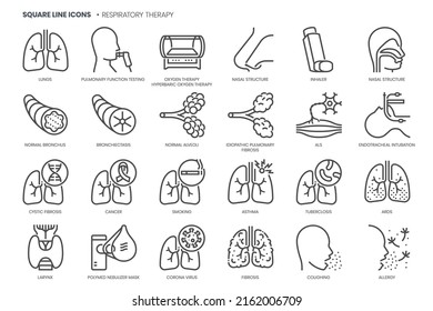 Respiratory therapy related, pixel perfect, editable stroke, up scalable square line vector icon set. 