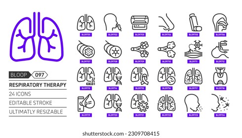 Respiratory therapy, related, pixel perfect, editable stroke, up scalable, line, vector bloop icon set.