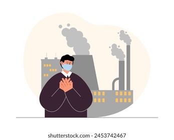 Respiratory tract disorders due to industrial smoke, pollution vector illustration.