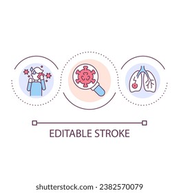 Icono de concepto de bucle de infección del tracto respiratorio. Enfermedad pulmonar. Virus contagioso. Ilustración de línea delgada de idea abstracta de gripe. Dibujo de contorno aislado. Trazo editable. Tipo de letra arial utilizado