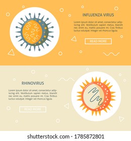 Las plantillas de volante de concepto de virus respiratorios en estilo plano con lugar para el texto. Símbolos de la gripe y del rinocrovirus. Ilustración vectorial.
