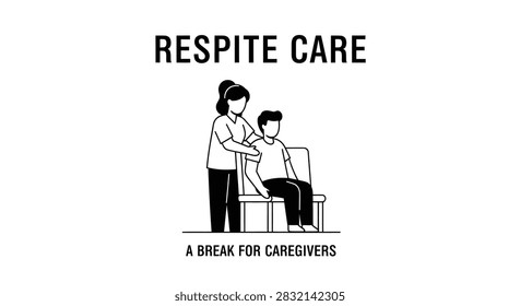 Respite care vector icon illustration. Female caregiver supporting a seated patient, symbolizing relief and break for caregivers, isolated on white.