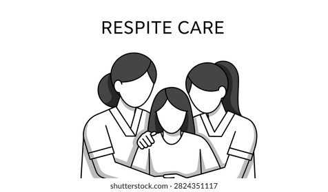 Respite care vector illustration featuring caregivers supporting a patient. Minimalist line art design on white background.