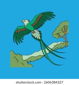 Resplendent Quetzal, a stunning American bird, soars gracefully in the sky.