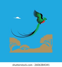 Resplendent Quetzal, a stunning American bird, soars gracefully in the sky.