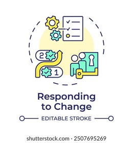 Respondiendo al icono de concepto de cambio de varios colores. Organización de tareas, cumplimiento normativo. Ilustración de línea de forma redonda. Abstractas idea. Diseño gráfico. Fácil de usar en infografía, presentación