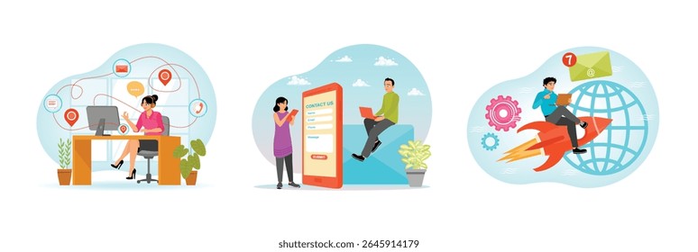 Responding to customers on virtual devices. Large contact us landing page template for websites. Holding a laptop on a rocket flying for email marketing. Contact us concept.
