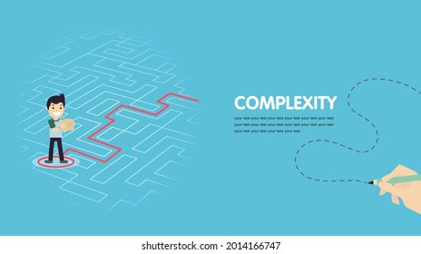 In response to changes, a man finds his way in an intricate maze with guidance, vector illustration.