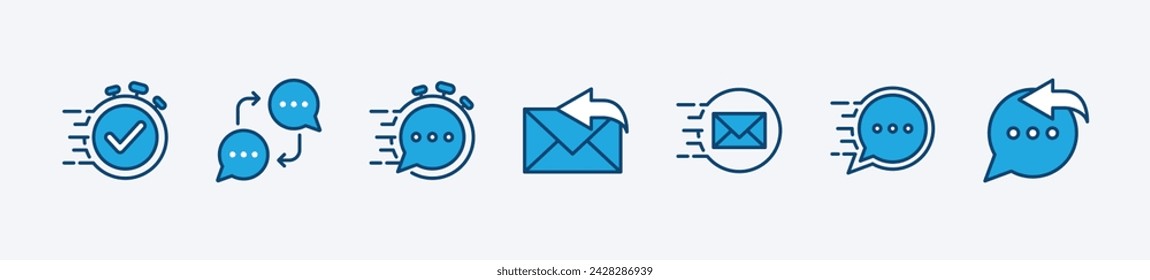 Response icon set. Containing reply speech bubble, quick and fast response, mail answer, feedback message, communication service and support. Vector illustration