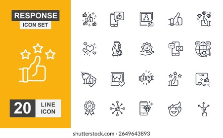 Ícone de resposta definido. Ícone de comentários, como, suporte, escolha, verificação, cliente e mais linha. Ilustração vetorial.