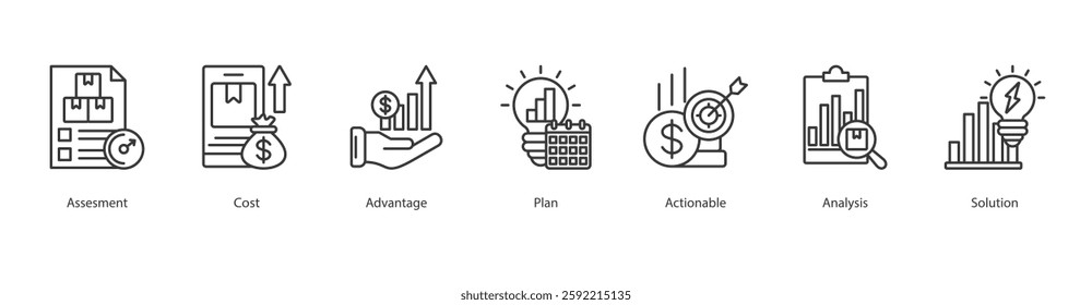 Response Icon Sheet plan, assesment, cost, advantage, actionable, analysis, solution