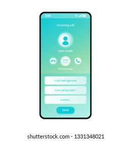 Response message to incoming call smartphone interface vector template. Mobile app page blue design layout. Send message screen. Flat UI for application. Can't talk, unable to answer. Phone display