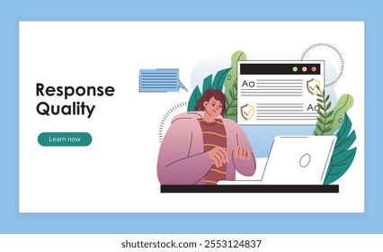 Antwortqualitäts-Zielseite. Frau mit Laptop Überprüfung Artikel auf der Website. Texter und Editor. Inhaltsbewertung. Flache Vektorgrafik einzeln auf blauem Hintergrund