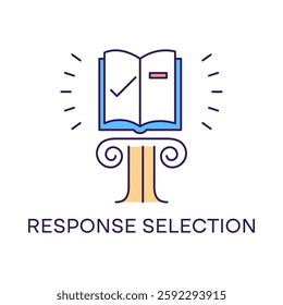 Response Selection – Open Book with a Check Mark Representing Choosing the Right Content with Editable Stroke