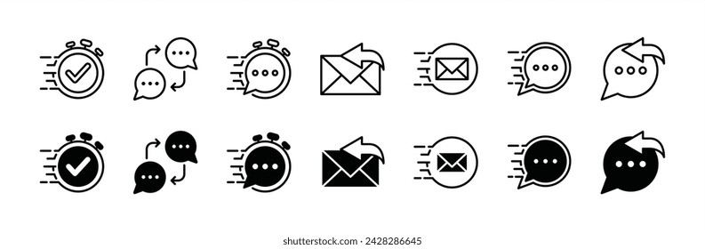 Response thin line icon set. Containing reply speech bubble, quick and fast response, mail answer, feedback message, communication service and support. Vector illustration