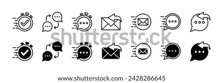 Response thin line icon set. Containing reply speech bubble, quick and fast response, mail answer, feedback message, communication service and support. Vector illustration