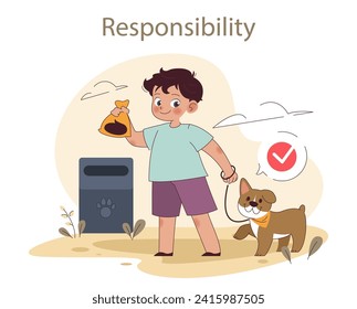 Responsabilidad. Un niño demuestra un cuidado responsable de mascotas al eliminar los residuos adecuadamente. Fomentar la rendición de cuentas en los niños. Ilustración vectorial plana