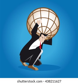 Responsibility. A businessman carries on his back the weight of the entire business world as the titan Atlas in Greek mythology. The brown globe is a metaphor of the world economy and finance.