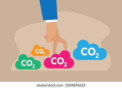 Responsibility of co2 emission environmental conservation. Human hand running over the clouds 2d flat vector illustrations