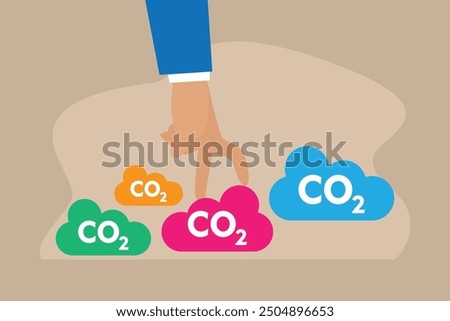 Responsibility of co2 emission environmental conservation. Human hand running over the clouds 2d flat vector illustrations