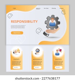 Responsibility flat landing page website template. Positivity, responsibility, sentivity. Web banner with header, content and footer. Vector illustration.