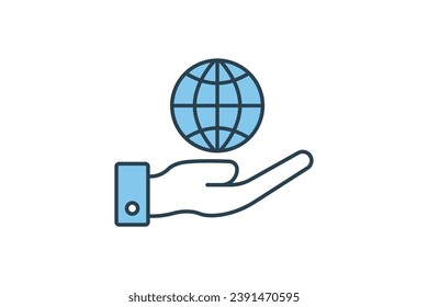 responsibility icon. hand and earth. flat line icon style. simple vector design editable