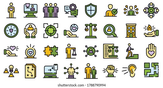 Responsibility icons set. Outline set of responsibility vector icons thin line color flat on white