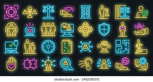 Responsibility icons set. Outline set of responsibility vector icons neon color on black