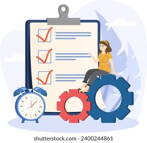 Ilustración de responsabilidad. Lista de comprobación para la finalización del trabajo, el plan de revisión y el concepto de logro que se mantiene con lápiz después de completar la lista de verificación de todas las tareas.