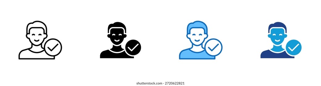 Responsabilidade Vetor de design de ícone de estilo múltiplo - pessoa sorridente com uma grande marca de seleção ao lado deles, indicando responsabilidade, confiabilidade e compromisso com as obrigações