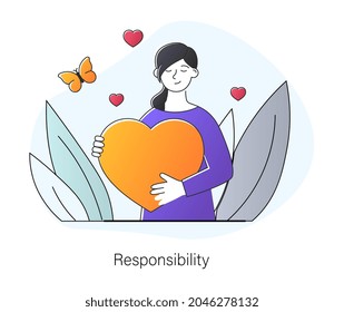Responsibility and support concept. Happy woman holds big heart in her hands. Kind character ready to help. Volunteering and charity. Cartoon flat vector illustration isolated on white background