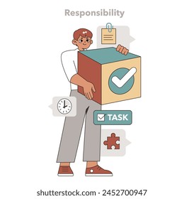 Responsibility in Task Delegation concept. A focused individual holding a large task cube, symbolizing personal commitment to the project. Vector illustration.