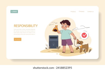Responsibility web or landing. A boy demonstrates responsible pet care by disposing of waste properly. Encouraging accountability in children. Flat vector illustration