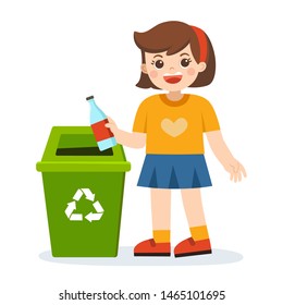 Responsibility of young little girl throwing plastic bottle in recycling trash bin. Happy Earth Day. Save the earth. Green day. Ecology concept.