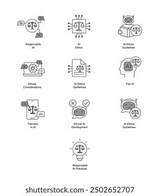 Responsible AI and Ethics Icon Pack: Vector Line Icons for AI Guidelines, Fairness, and Ethical Development. Vector Editable Stroke and Colors.