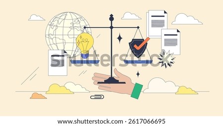 Responsible AI is shown by a hand balancing a scale with a lightbulb and shield, symbolizing ethics and innovation. Neubrutalism hands concept