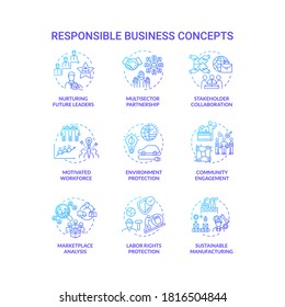 Responsible Business Blue Gradient Concept Icons Set. Nurture Future Leader. Environment Protection. Sustainable Development Idea Thin Line RGB Color Illustrations. Vector Isolated Outline Drawings