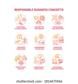Responsible business red gradient concept icons set. Nurture future leader. Environment protection. Sustainable development idea thin line RGB color illustrations. Vector isolated outline drawings