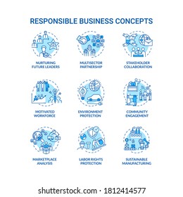 Responsible business turquoise concept icons set. Nurture future leader. Sustainable development idea thin line RGB color illustrations. Vector isolated outline drawings. Editable stroke