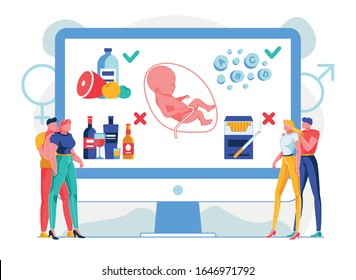 Responsible Childbirth Planning Flat Illustration. Couples Studying Pregnancy Healthy Nutrition Principles. Future Parents Refusing from Smoking and Drinking Alcohol Cartoon Characters