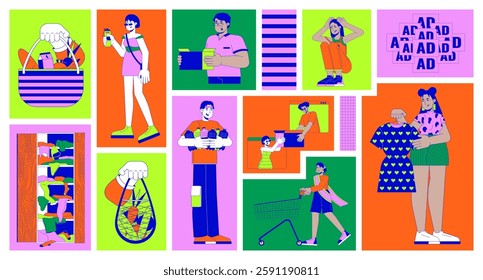 Responsible consumption bento grid illustration set. Minimize impact on environment 2D vector image collage design graphics collection. Multiracial people using goods flat characters moodboard layout