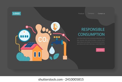 Responsible Consumption dark or night mode web, landing. Illustrating sustainable practices in energy, water use, and carbon footprint reduction. Advocating for eco-efficiency.