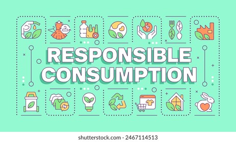 Concepto de palabra verde de consumo responsable. Prácticas de conciencia ecológica. Consumismo ético. Anuncio tipográfico. Ilustración vectorial con texto de título, color de iconos editables