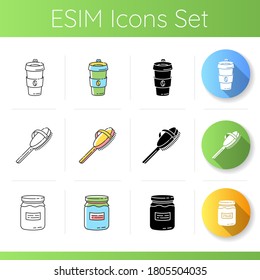 Responsible consumption icons set. Linear, black and RGB color styles. Reusable coffee cup, natural bath brush and glass jar. Zero waste policy, eco products. Isolated vector illustrations