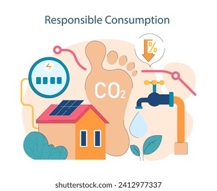 Responsible Consumption. Illustrating sustainable practices in energy, water use, and carbon footprint reduction. Advocating for eco-efficiency. Flat vector illustration